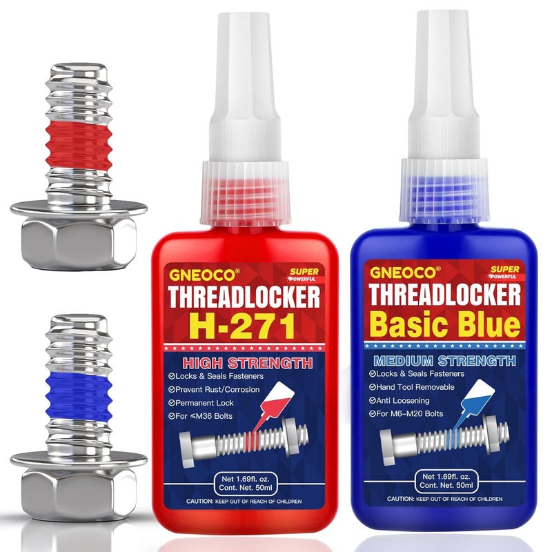 GNEOCO ThreadLocker Blue and Red, Thread Lock Medium and High Strength Lock Tight for Nuts, Bolts, Fasteners and Metals, Anaerobic Curing Metal Glue to Prevent Loosening and Corrosion (Blue and Red 50ml x 2) - Image 1